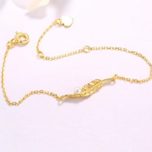 羽のブレスレット　ロング　シルバー　パール　0342