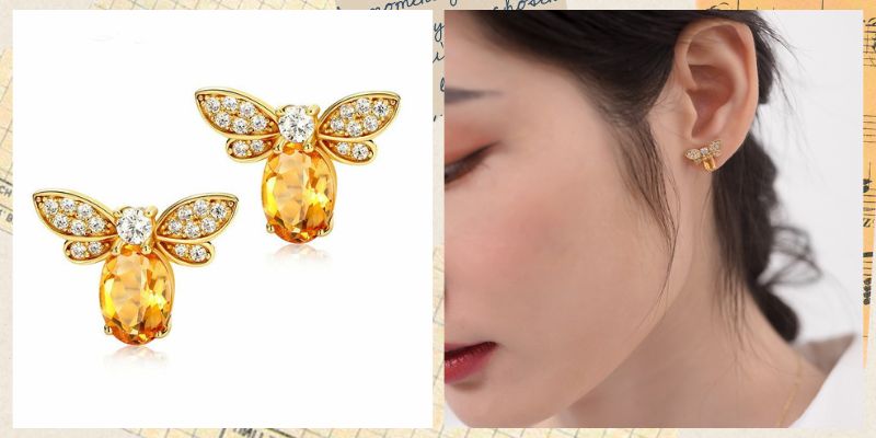 シトリンをあしらった蜂モチーフのピアス