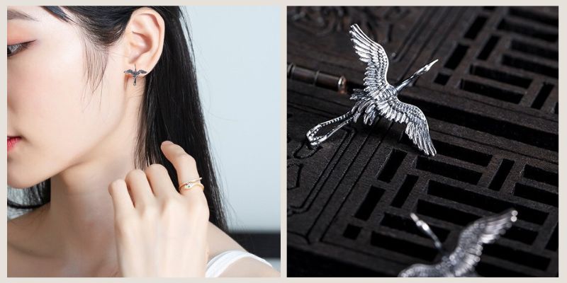 ビンテージ感漂う鶴デザインのピアス