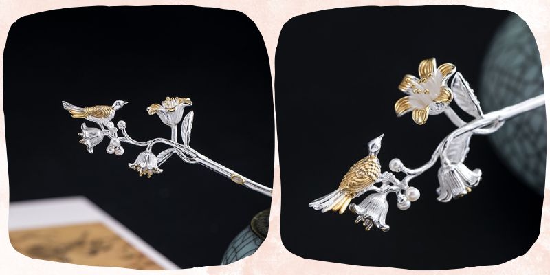 大ぶりで存在感がある「鳥と花のかんざし」