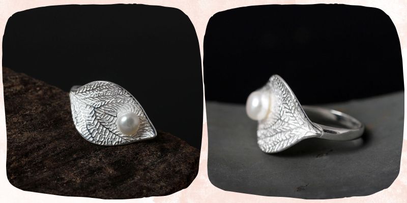 シンプルなデザインで、指先を美しく演出する「葉っぱのリング」